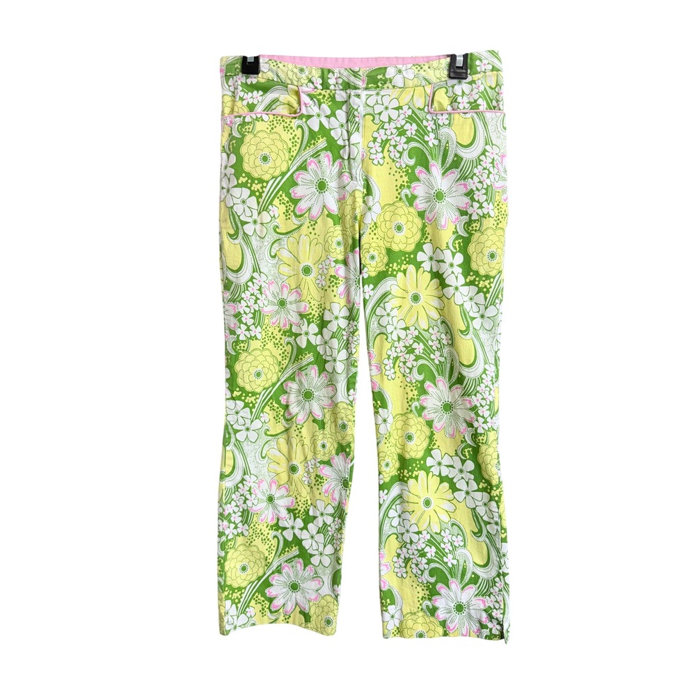 Vintage Sweet Lily Floral Green Yellow Pink Psychedelic Cropped Pants 4 Retro